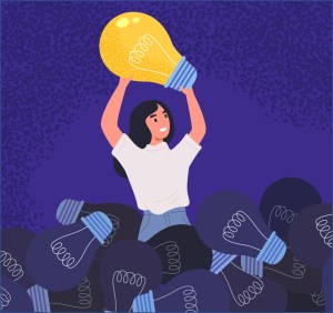 En esta imagen puedes ver a una chica que encuentra una idea brillante entre un mar de ideas sin luz