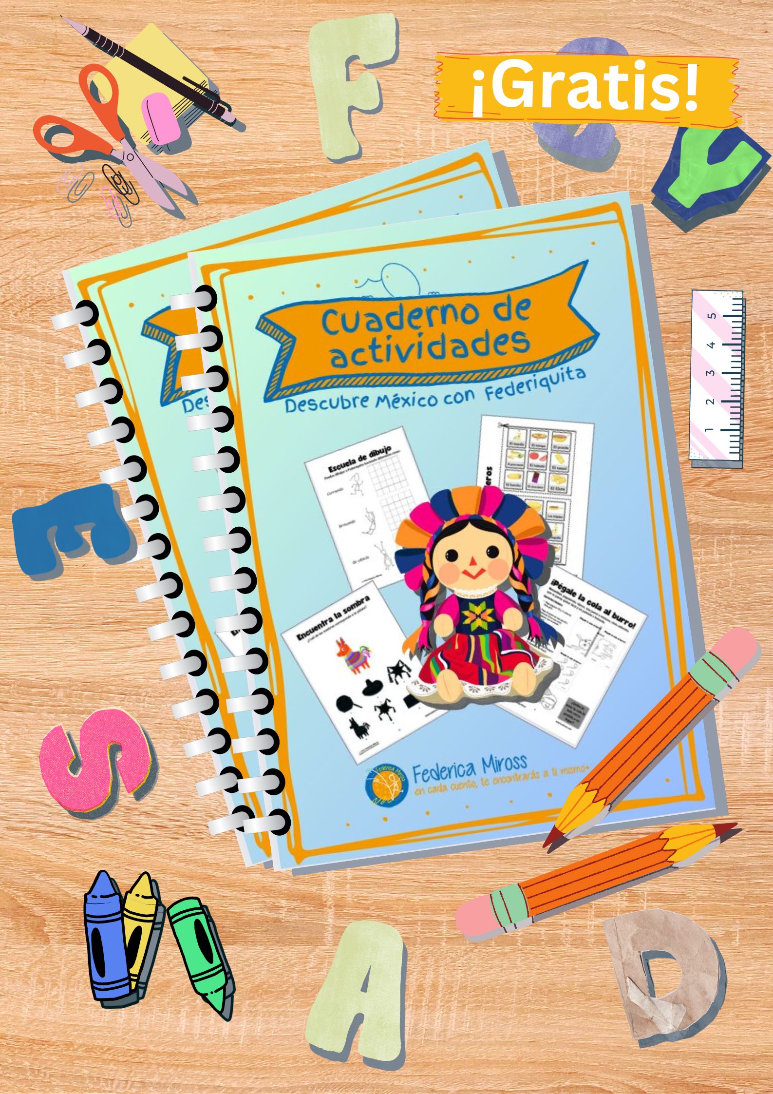 Una guarecita está sentada al centro de un cuaderno de actividades